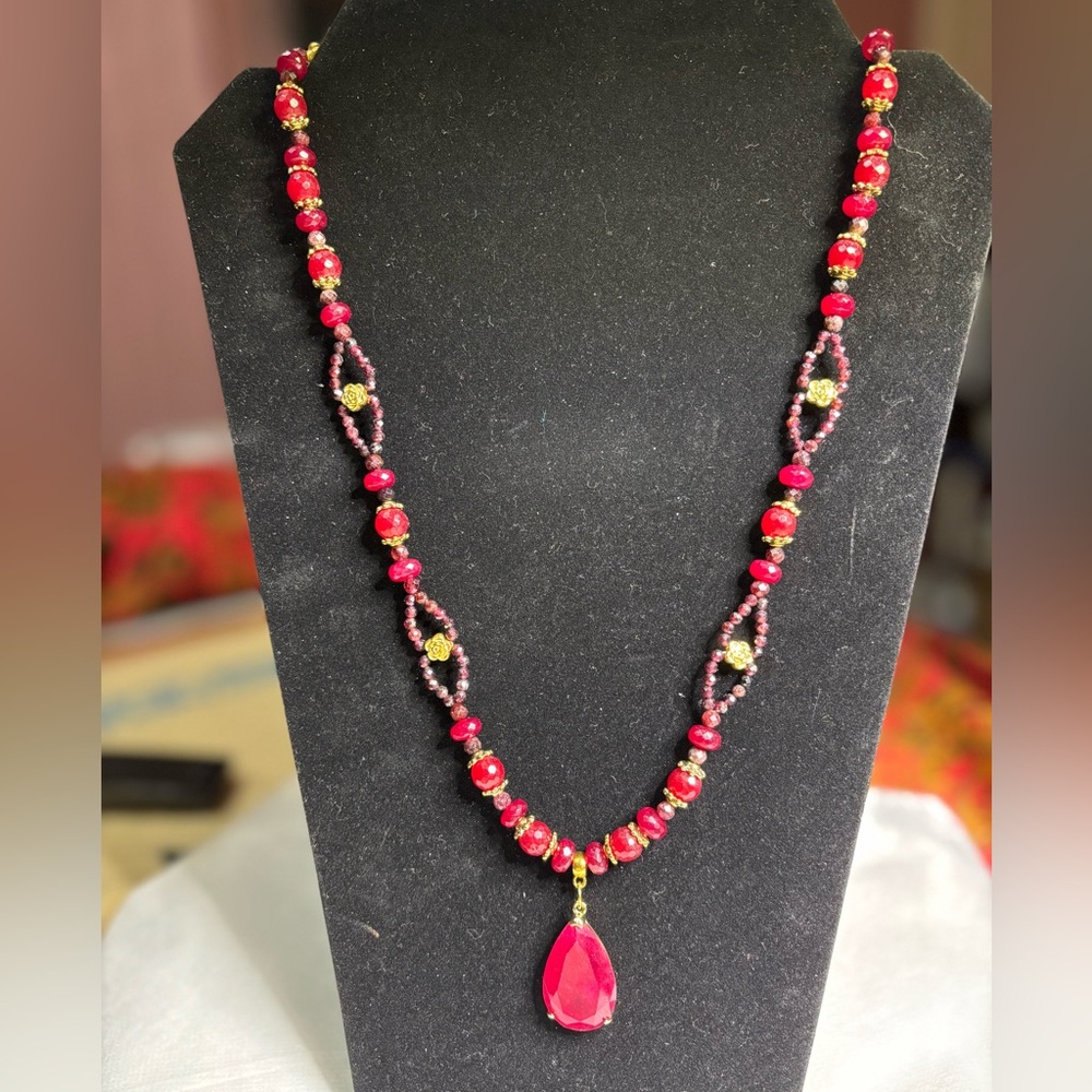Hand crafted necklace red Malaysia jade pendant Rhodochrosite and garnet stones